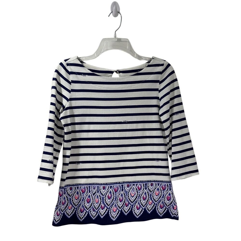 Lilly Pulitzer Waverly 3/4 sleeve navy & white stripe top size Small #34-1950